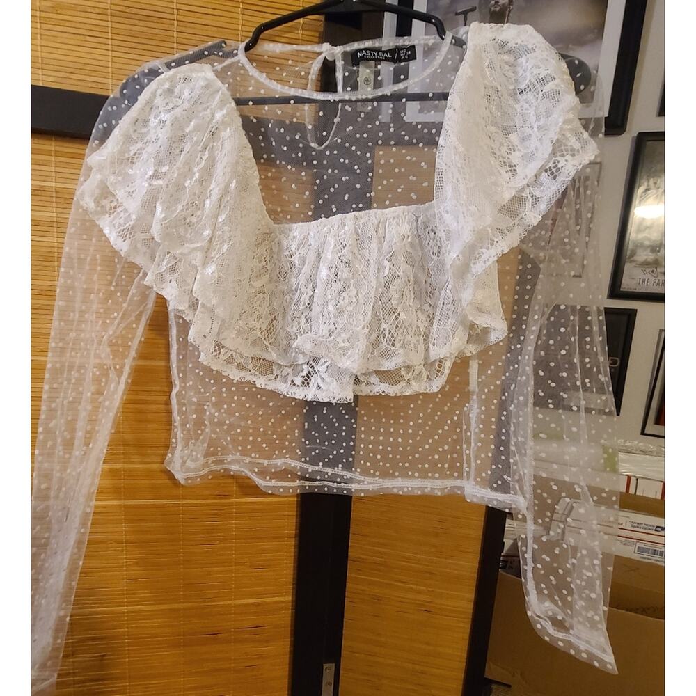 DONATING 6/1 5/$30 Nasty Gal Polka Dot See Through Frilly Cropped Long Sleeve